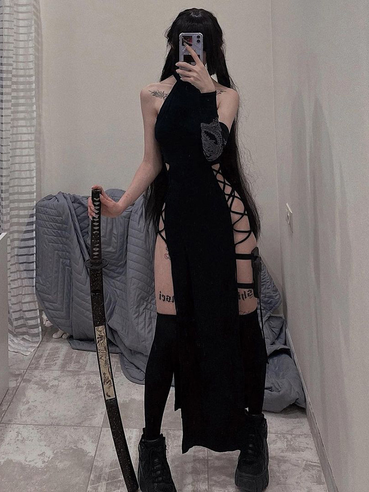 Cowl Cutout High-Waist A-Line Twin Split Dress