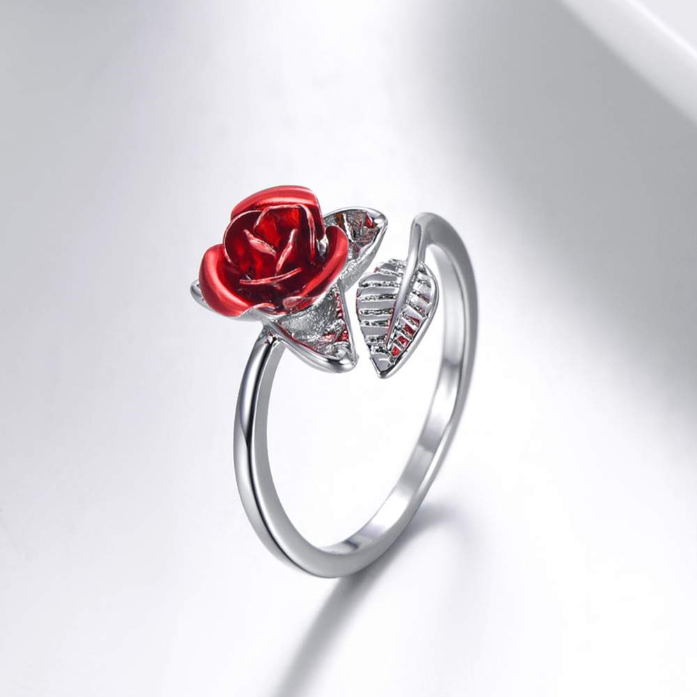 U7 Red Rose Garden Flower Leaves Resizable Finger Rings for Women Valentine's Day Gift Jewelry Hot Sale Open Ring R1019