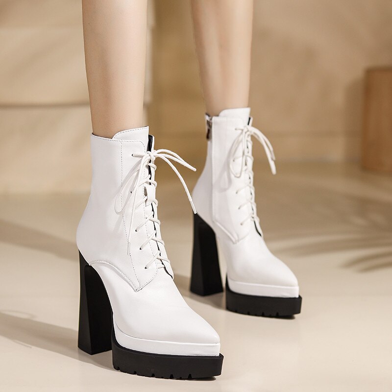 Autumn Winter Women Ankle Boots Elegant Office Ladies Party High Heels Pointed Toe Platforms Genuine Leather Shoes