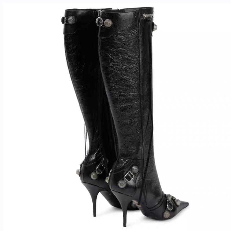 Women's Autumn and Winter Pointed Toe Metal Buckle Zipper Knee Boots Stiletto Rivet High Heels Luxury Shoes