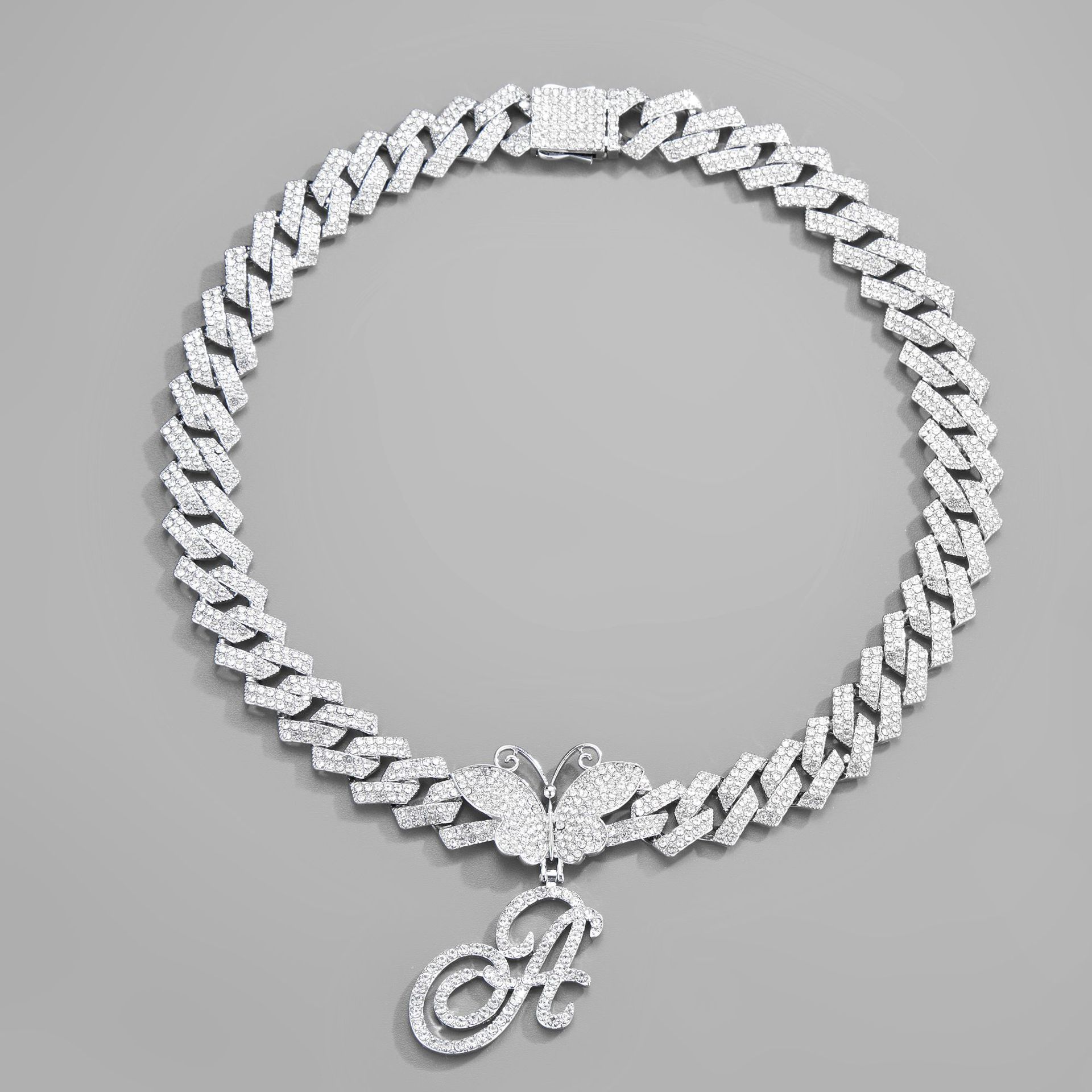 18inch Cuban Chain Butterfly Letter Full Diamond Pendant Cuban Chain Personalized Exaggerated Thick Chain Hiphop Jewelry