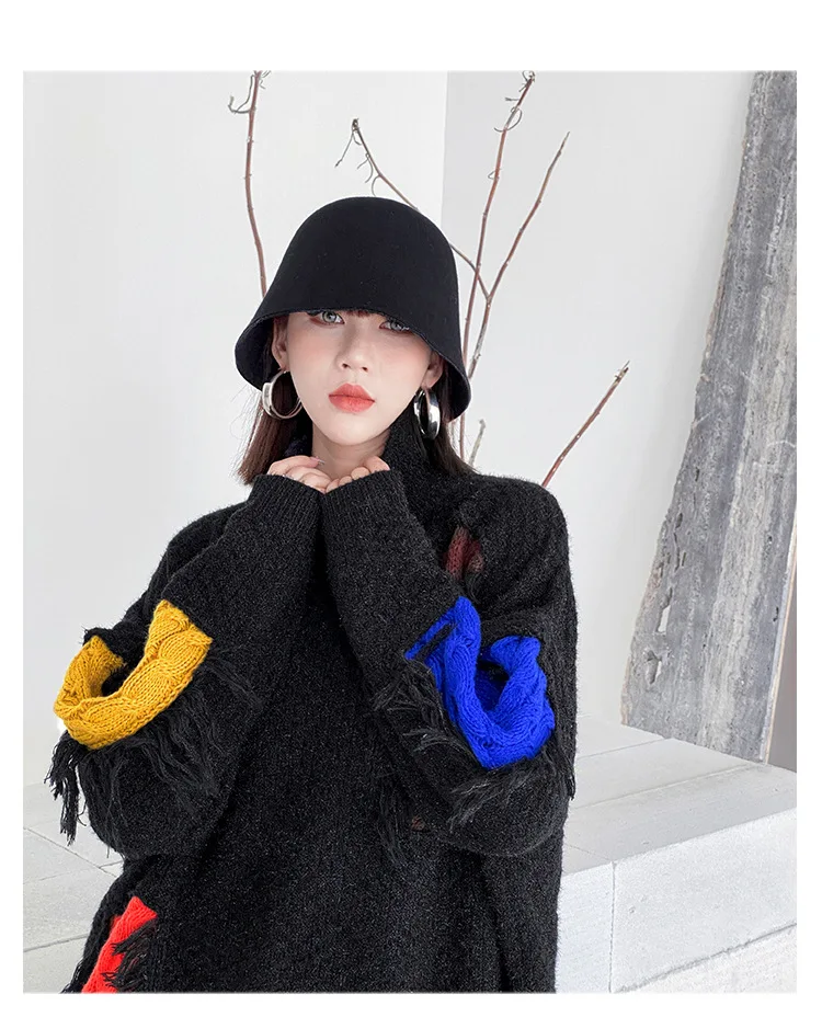 Ladies Oversized High Neck Asymmetric Paneled Fringe Sweater