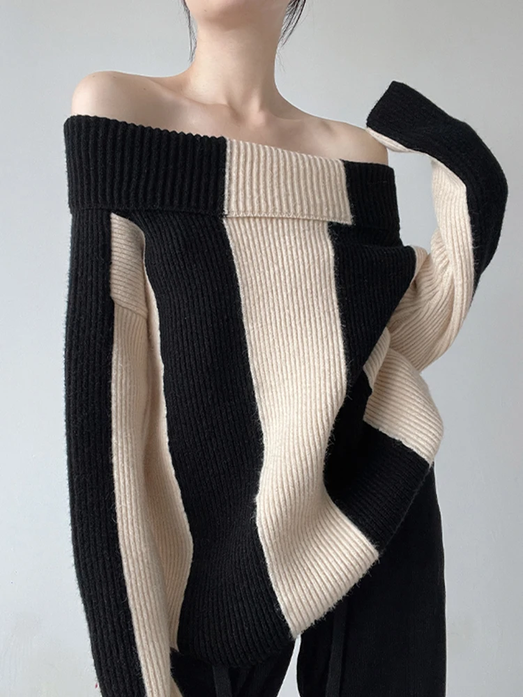 Ladies Oversized Two-Tone Asymmetric Acrylic Sweater