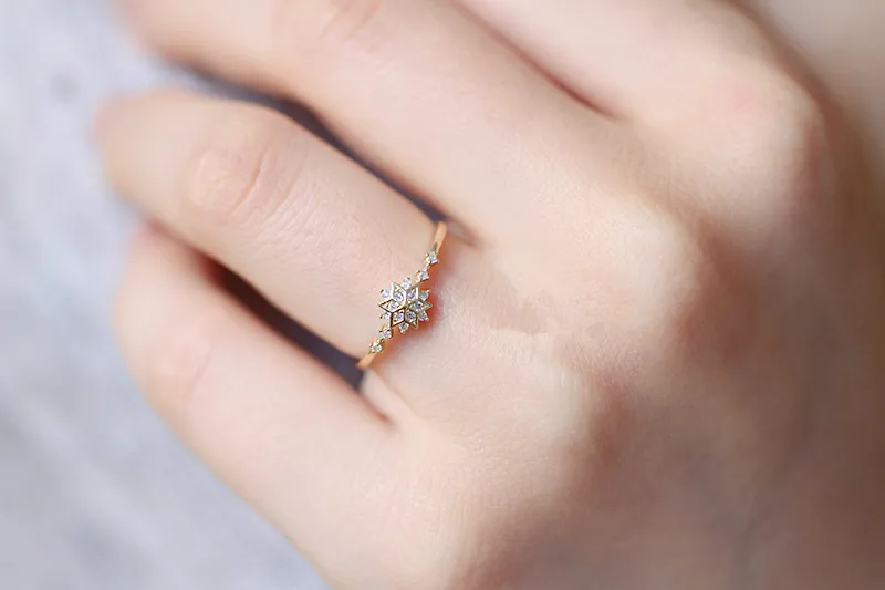 925 Sterling Silver Snowflake Ring 14k Gold Plating Simple Gold Silver color Women Engagement Wedding Ring Gift