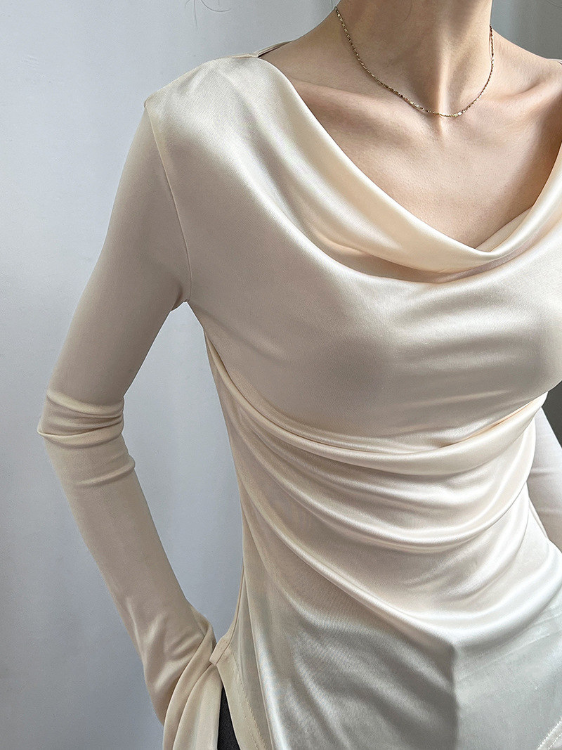 Women Slim Solid Cowl Neck Elongated Sleeve Tee
