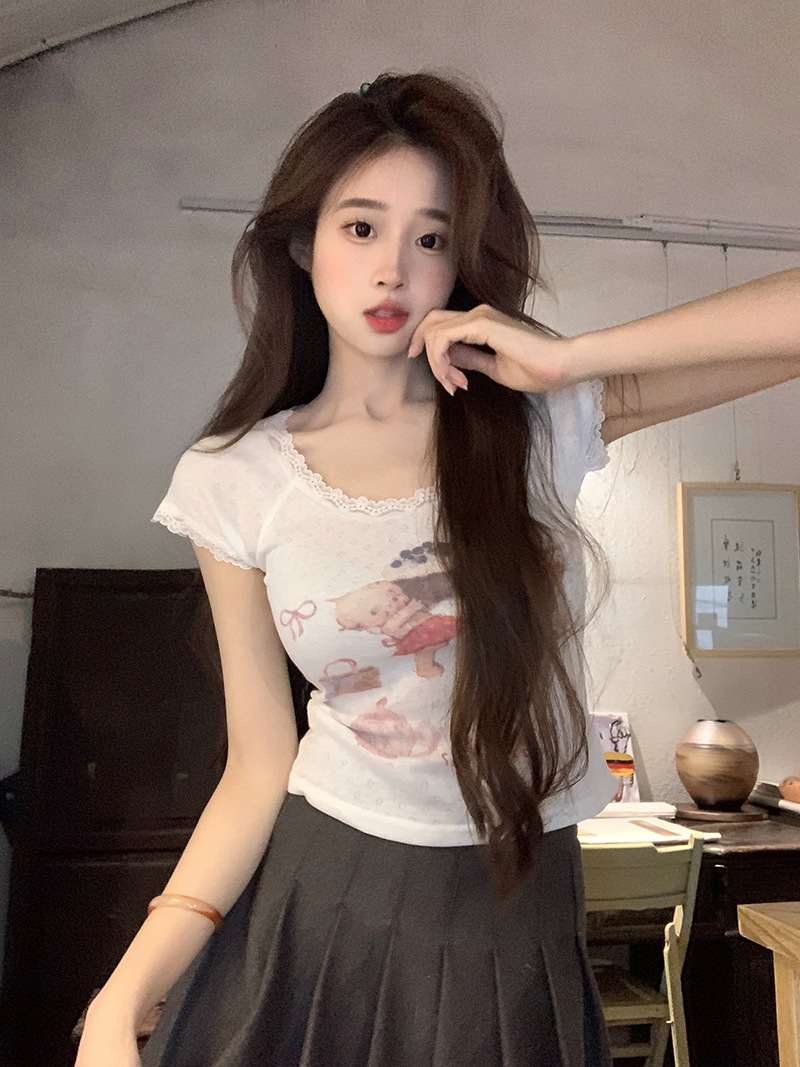 Lace lace slim fit short sleeved T-shirt