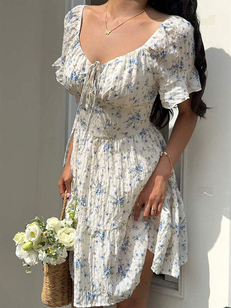 U Neck Puff Tie Waist Frilled Midi Dress