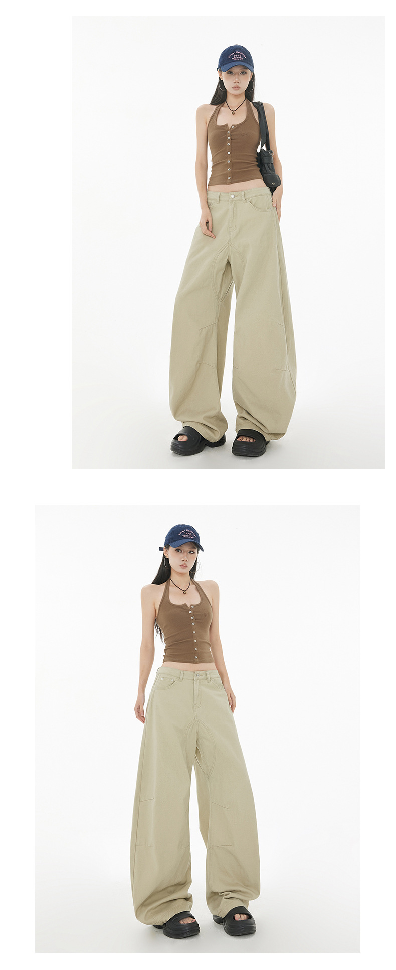 Curved Design Water-Washed Tapered Jeans Women High Street Loose Straight Wide-Leg Pants