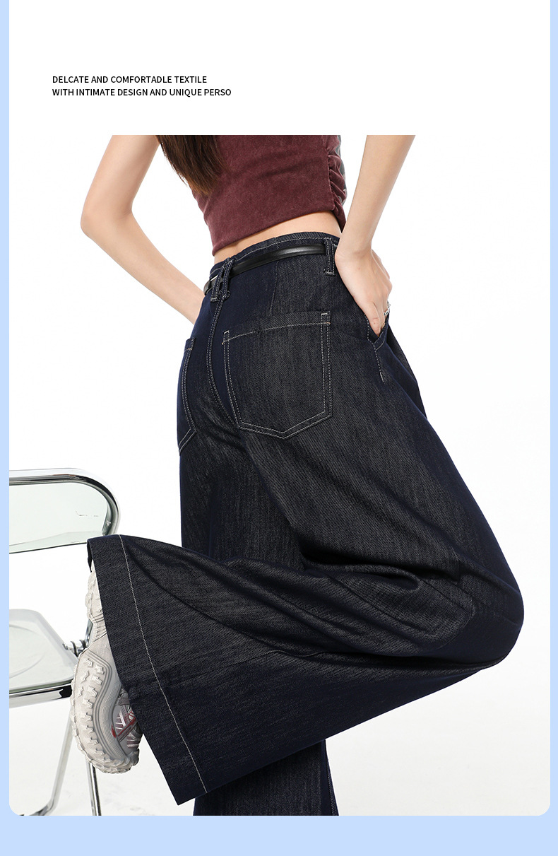 Retro Blue Pleated Tencel Wide-Leg Jeans Women High-Waist Loose Slim Straight Pants
