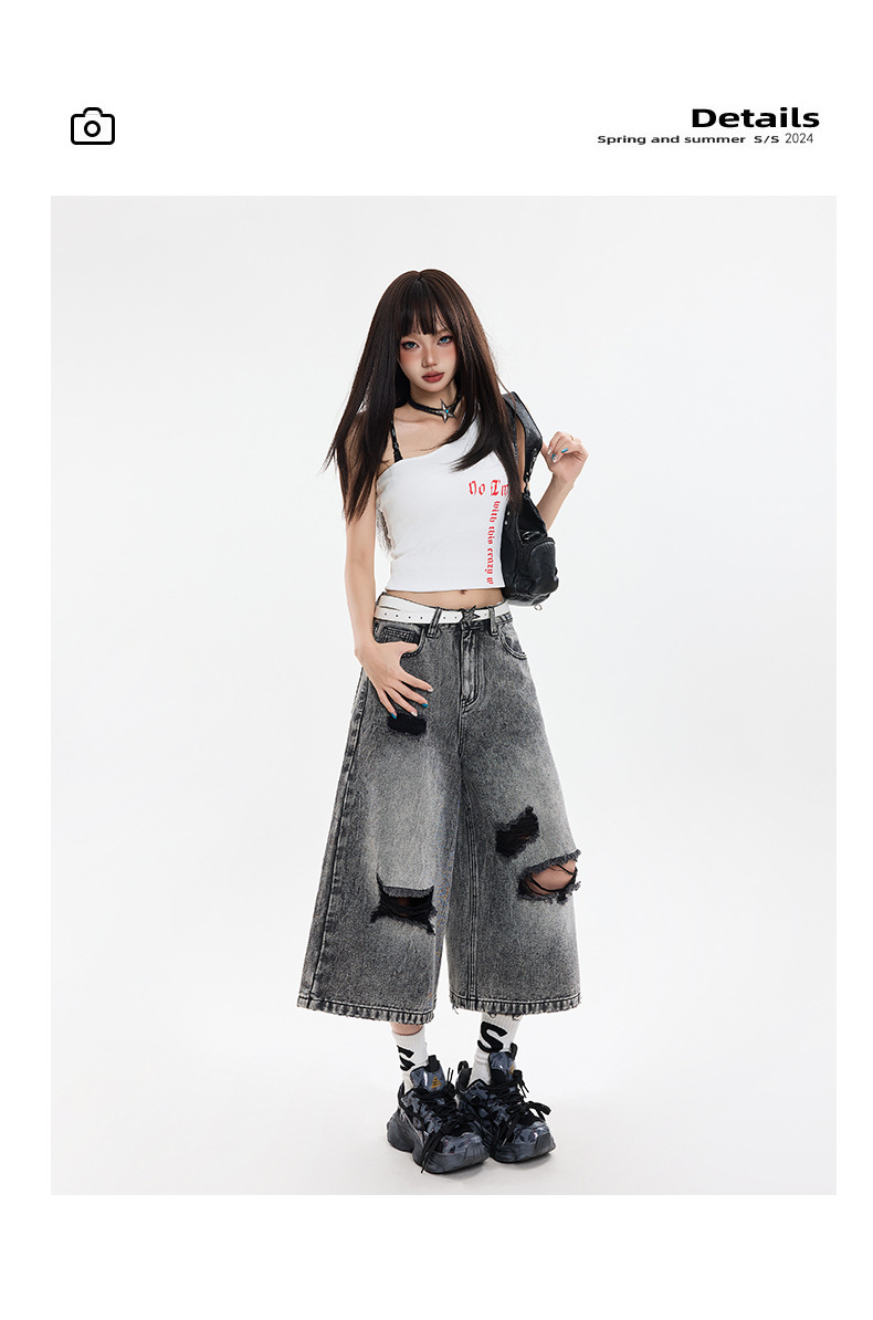 Black Gray Hole Seven-Point Denim Pants Women Vintage Wide-Leg Straight Leg Pants High Street Trendy