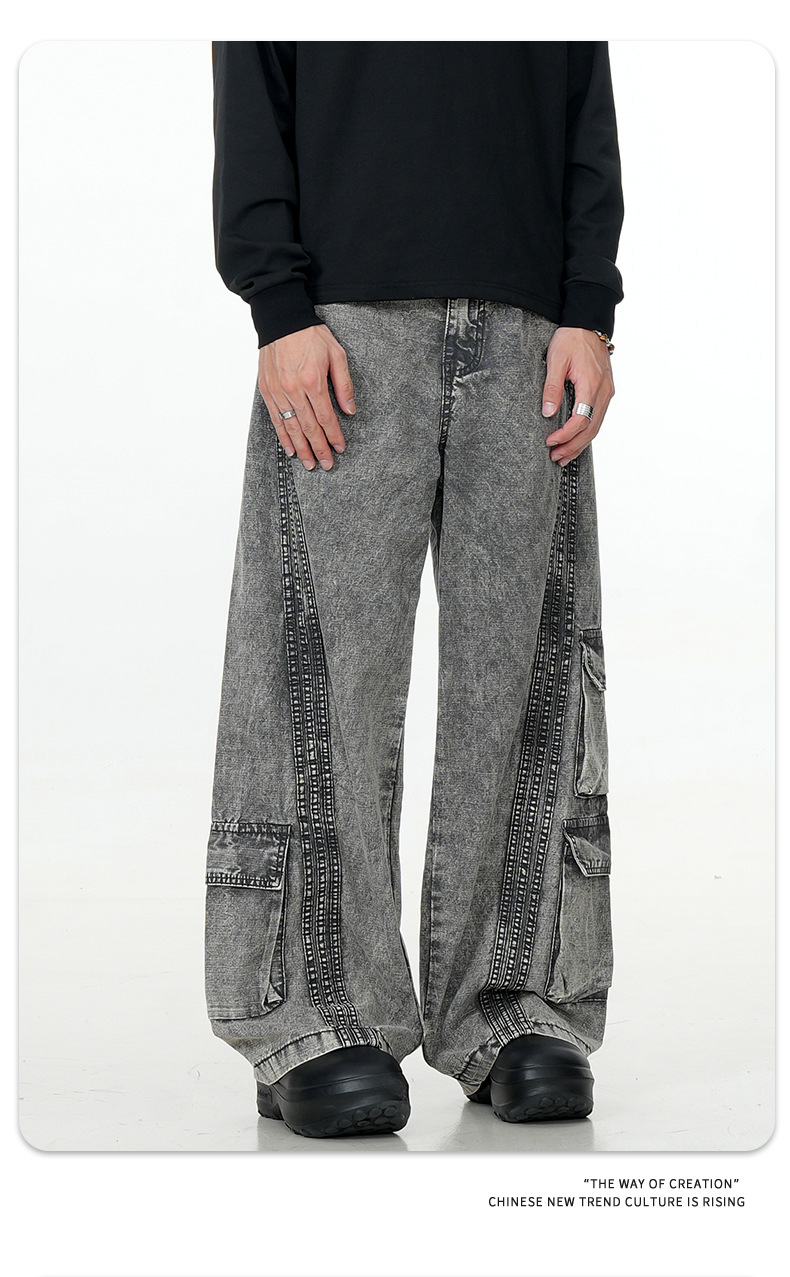 Washed Gray Workwear Jeans with Multiple Pockets for Men and Women