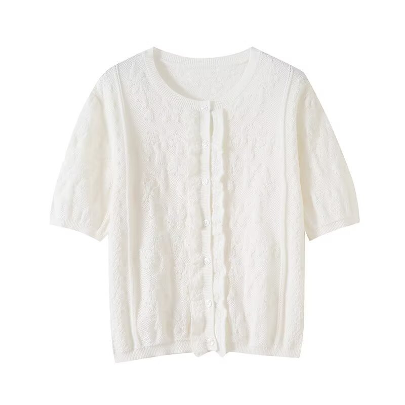 Ladies Ivory Scoop Three-Quarter Sleeve Button Front Cardigan