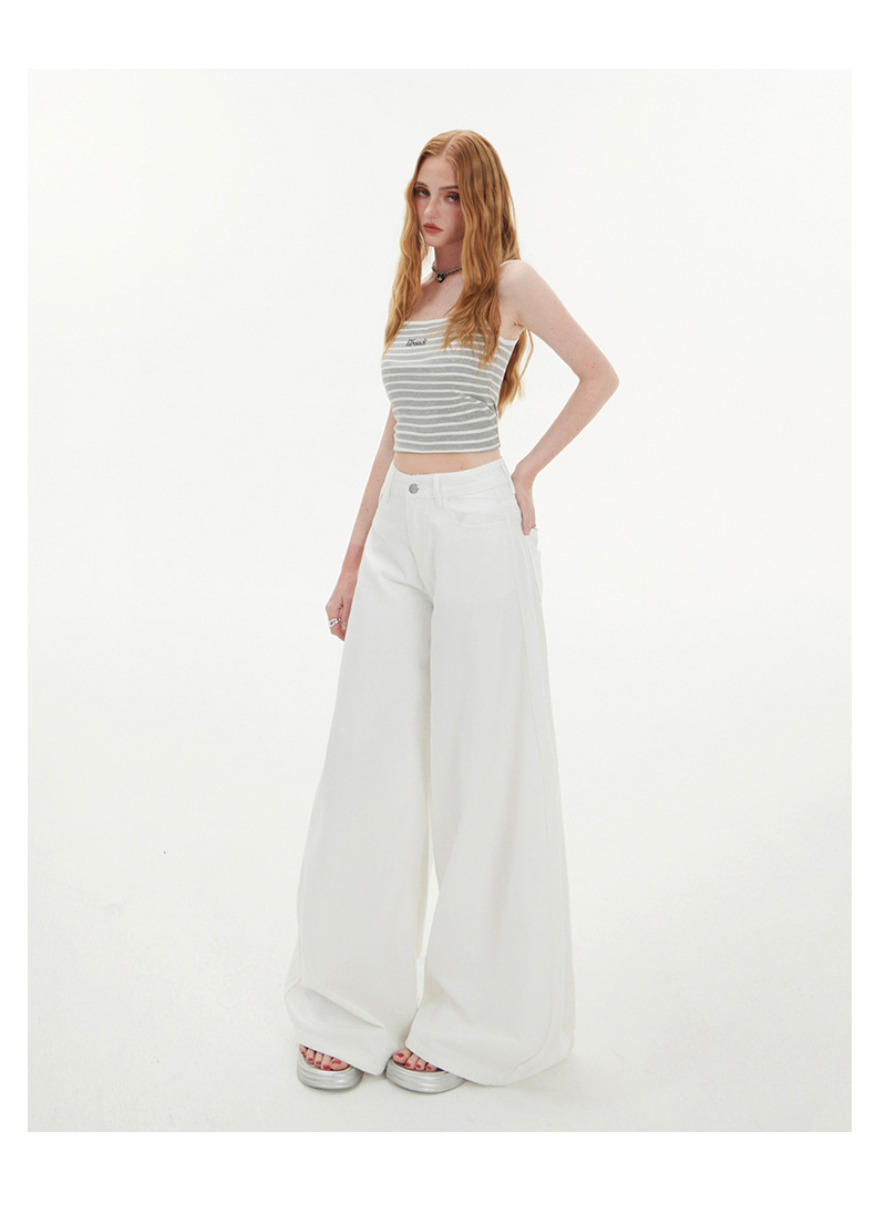 Women's Wide Leg Jeans Retro Loose White Straight Floor-Length Pants
