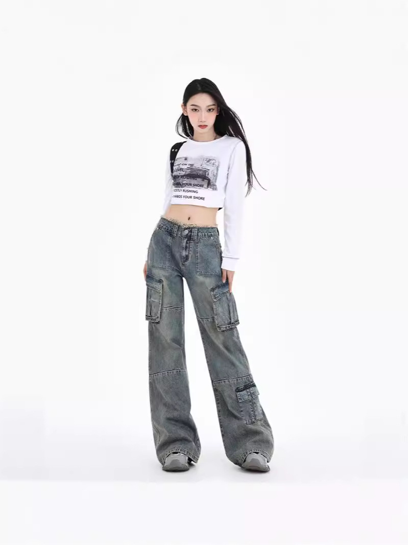 Women's Workwear Denim Pants High Waist Slim Wide Leg Floor-Length Trousers