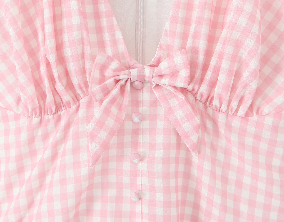 V-Cut Short-Sleeve Two-Tone Knot Detail Nipped-In Above-Knee Dress