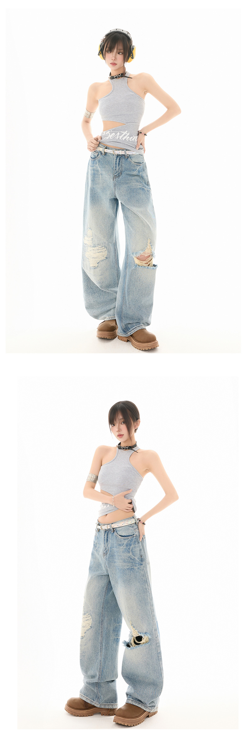 Women's Ripped Straight Leg Jeans Washed Vintage Design Loose Wide Leg Pants