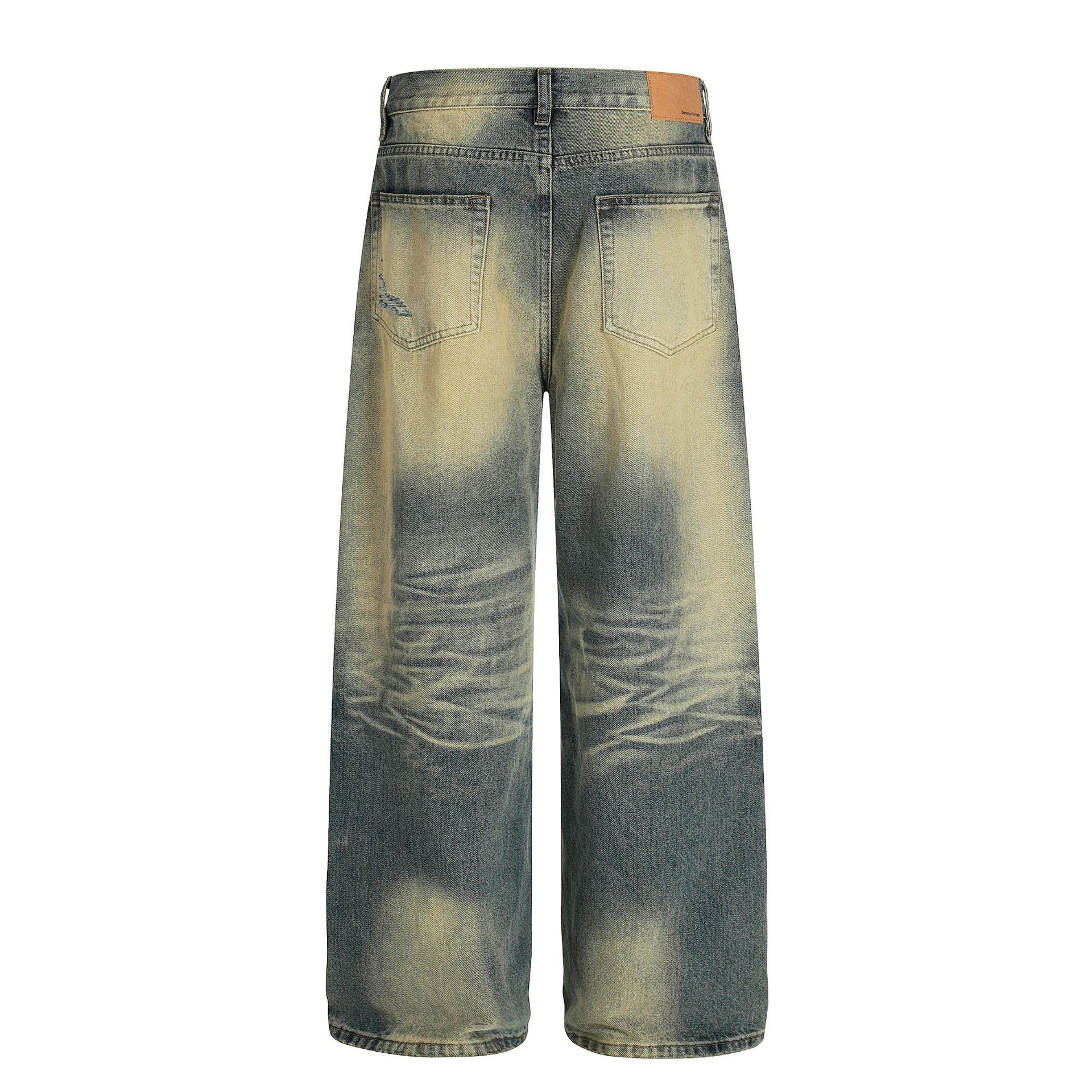 Style Trendy Unisex Street Retro Vintage Blue Cat Whisker Pattern Distressed Design Loose Fit Men's Jeans