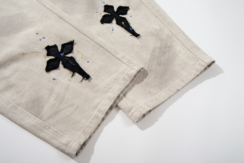 Street Style Luxury Cross Patch Embroidery Color Splatter Hand-painted Straight Leg Hip-hop Loose Jeans