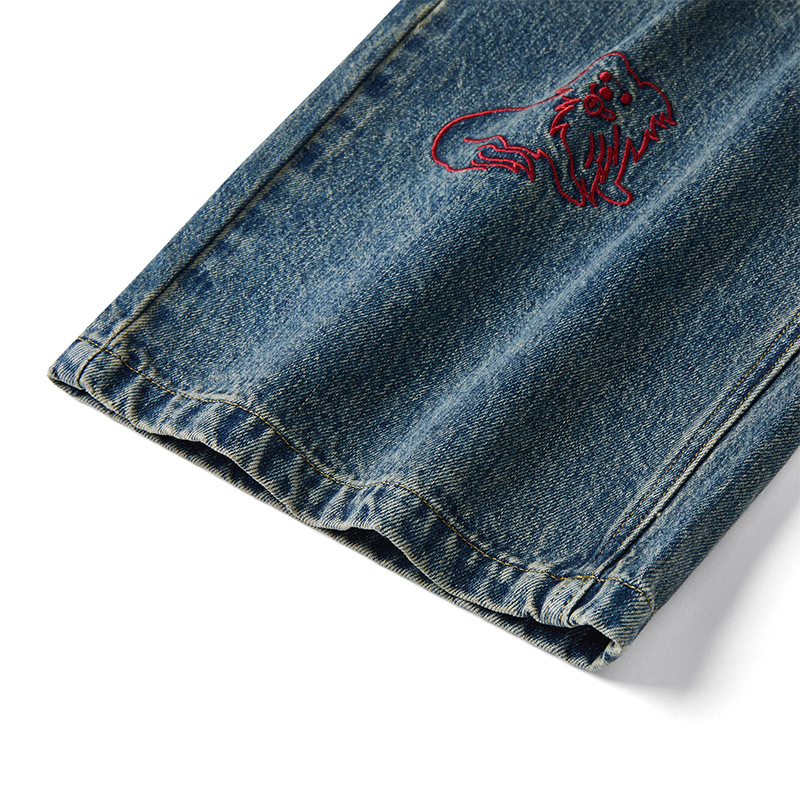 Dog Embroidered Wide Leg Jeans