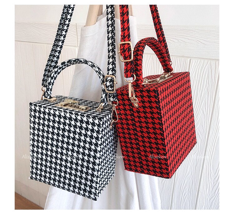 With Code Lock Houndstooth Box Shoulder Bag New Elegant Korean Purses And Handbags Female Big Square Crossbody Retro Bag
