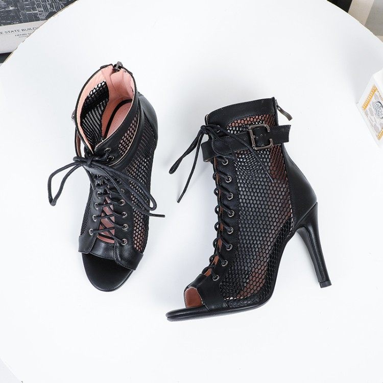 New Summer Short Boots Hollow Lace-up Mesh Peep Toe Thin Heel High Heels Dance Party Sandals Women