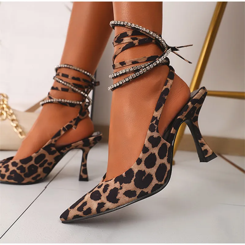 Sexy Heels Women Sandals Lace-up Pointed Toe Thin High Heels Slingback Lady Ankle Strap Party Shoes Female Mules New
