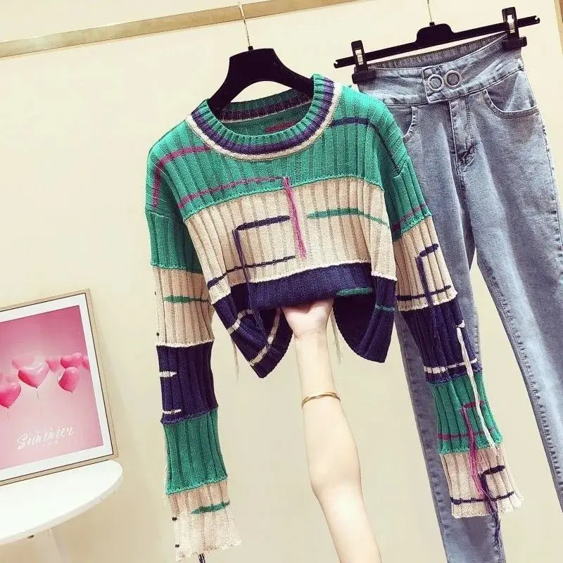 Ladies Colorblock Fringe Crew Collar Sweater