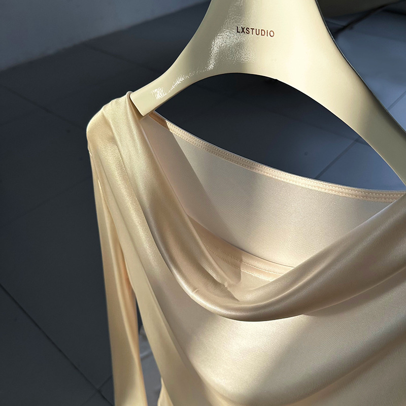 Women Slim Solid Cowl Neck Elongated Sleeve Tee
