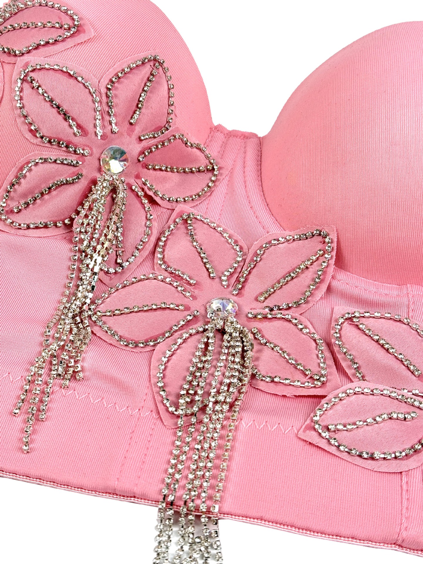 Floral Rhinestone Chain Tassel Boned Bustier Heavy Embroidery Fitted Strapless Camisole Outerwear Sexy Boned Top