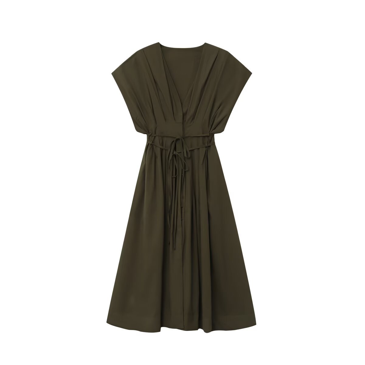 V-neck sleeveless waist cinching lace up solid color dress