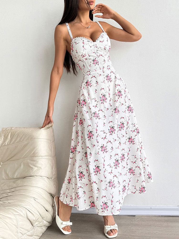 Ladies Patterned V-Neck Bare Shoulder Fitted Maxi Dress