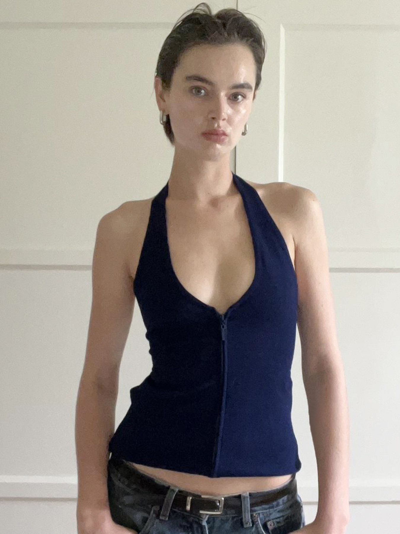Sexy Low-Cut Zipper Halter Knitted Strap Women's Pure Color Versatile Elegant Slim Top