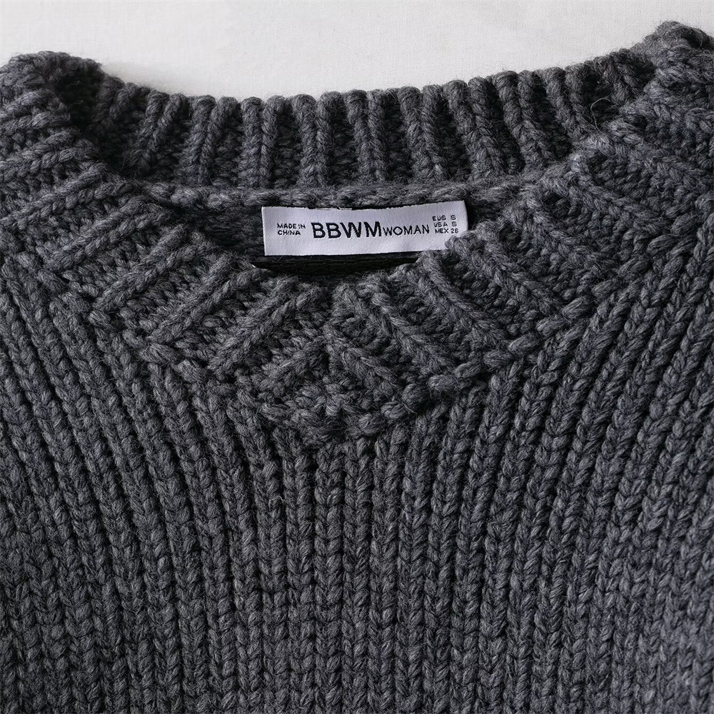 Crew Elbow-Length Solid Charcoal Polyester Sweater