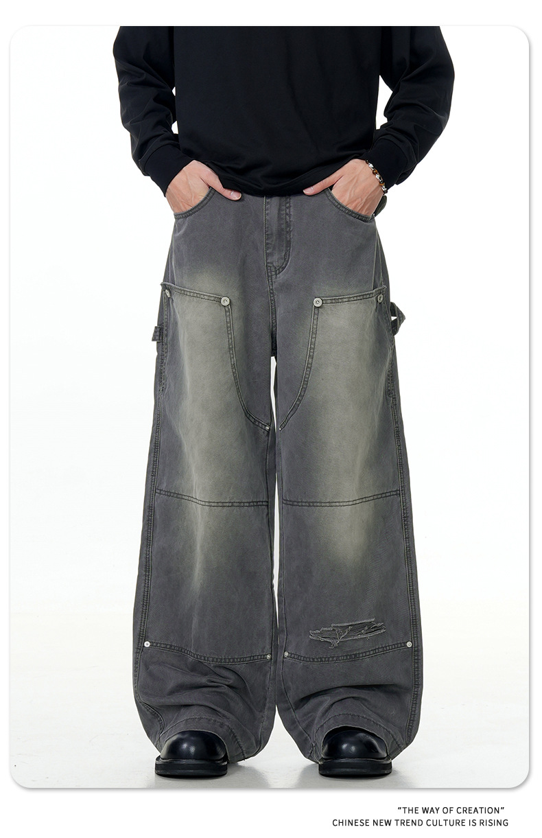Carpenter Work Pants for Men and Women Vintage Washed Distressed Riveted Denim Loose Straight Leg Long Trousers