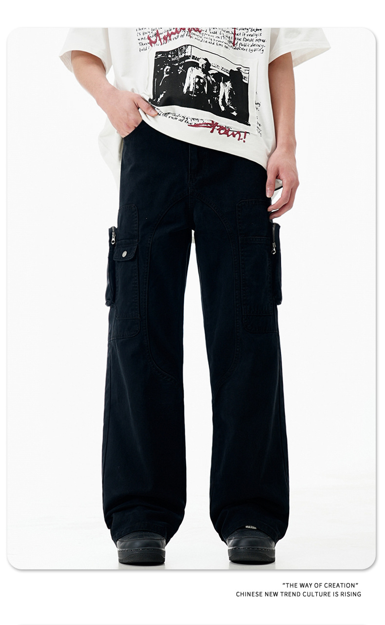 High Street Vibe Flared Loose Multi-Pocket Distressed Straight Casual Long Pants