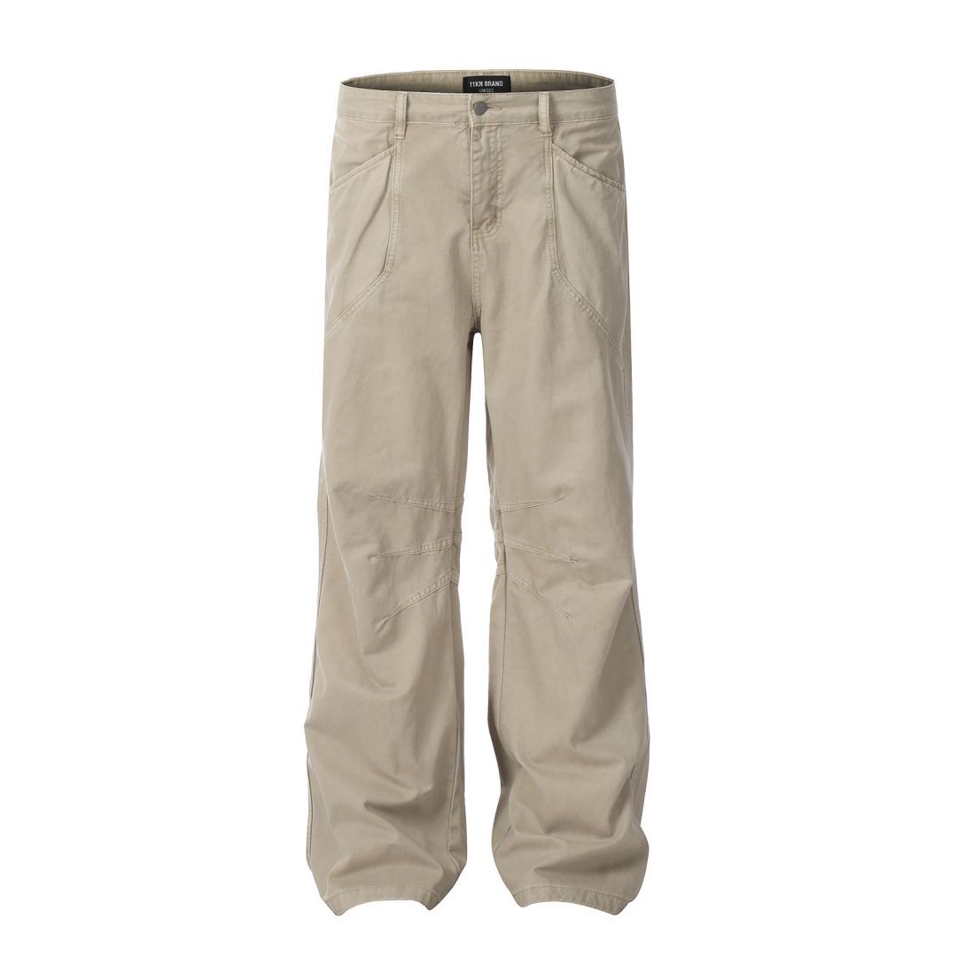 Work Pants Men Khaki Loose Retro Straight Pleated Design Wide Leg Trendy Casual Trousers