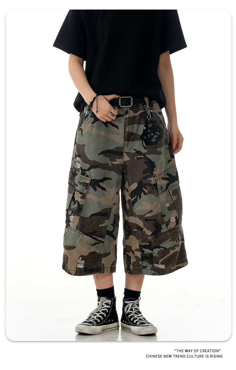 Loose Fit Casual Multi-Pocket Retro Straight Leg Slim Wide Leg Three-Quarter Pants