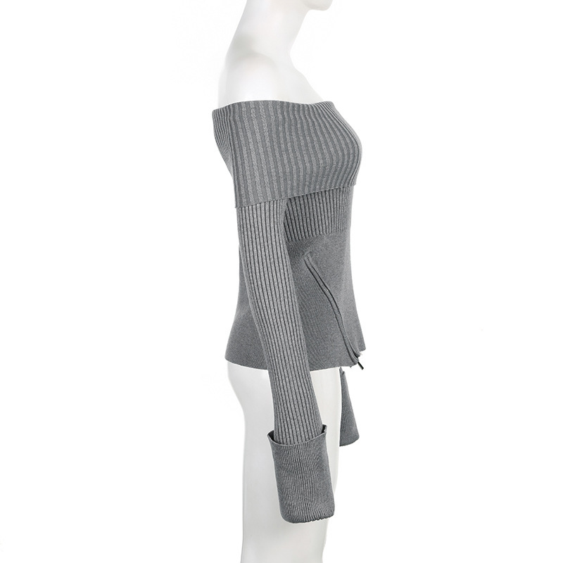 Woolen Bardot Zip Blush Plain Full Sleeve Sweater