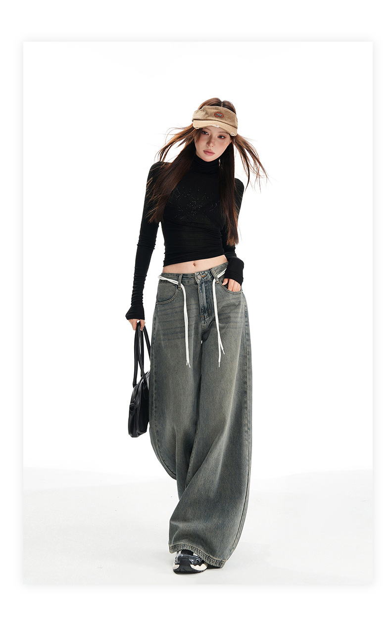 Women's Wide-Leg Pants Loose Fit High-Waist Trousers Slimming Multi-Purpose Denim Pants with Vintage Color Washed Effect