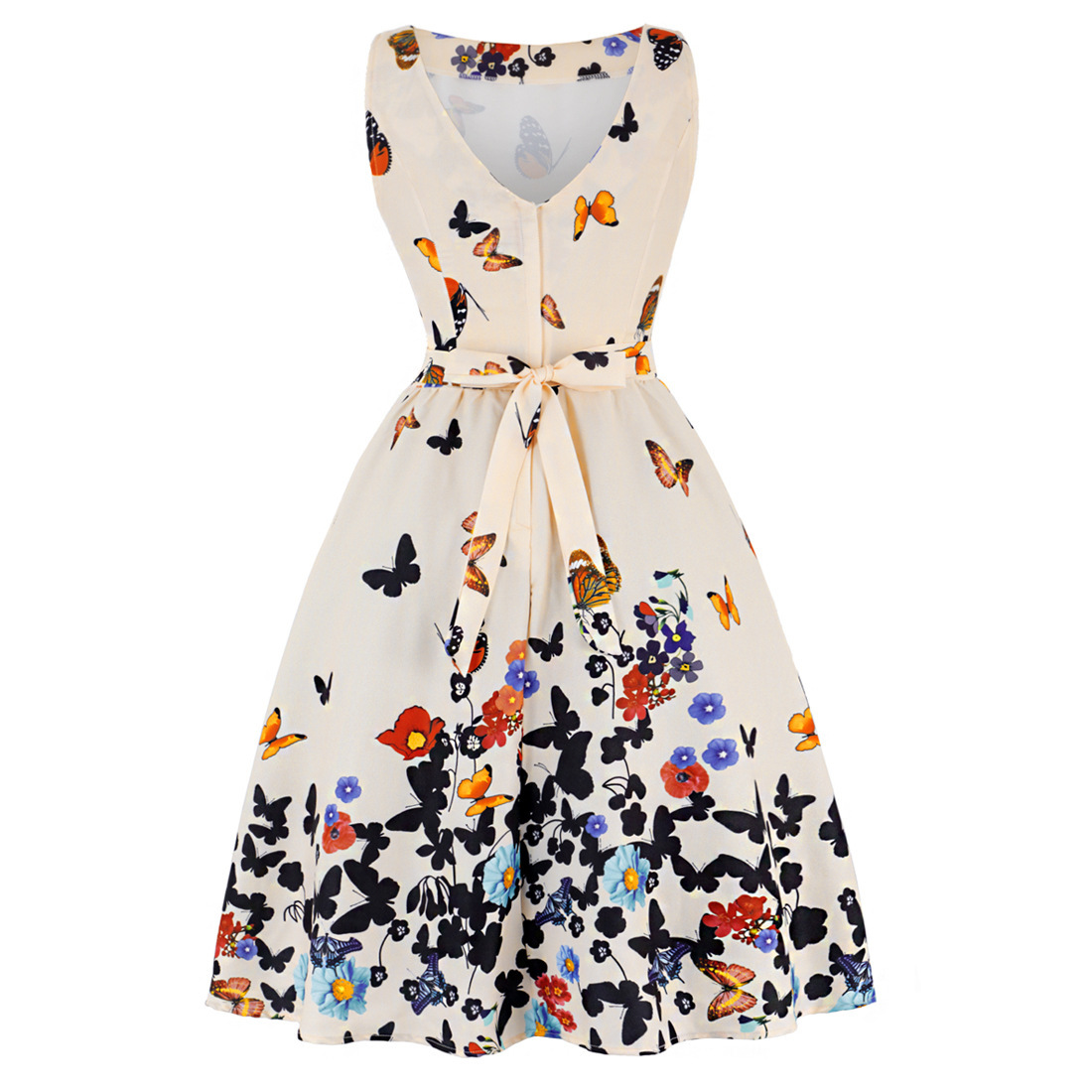 V-Neck Sleeveless High-Rise Flared Vintage Retro Patterned Dress