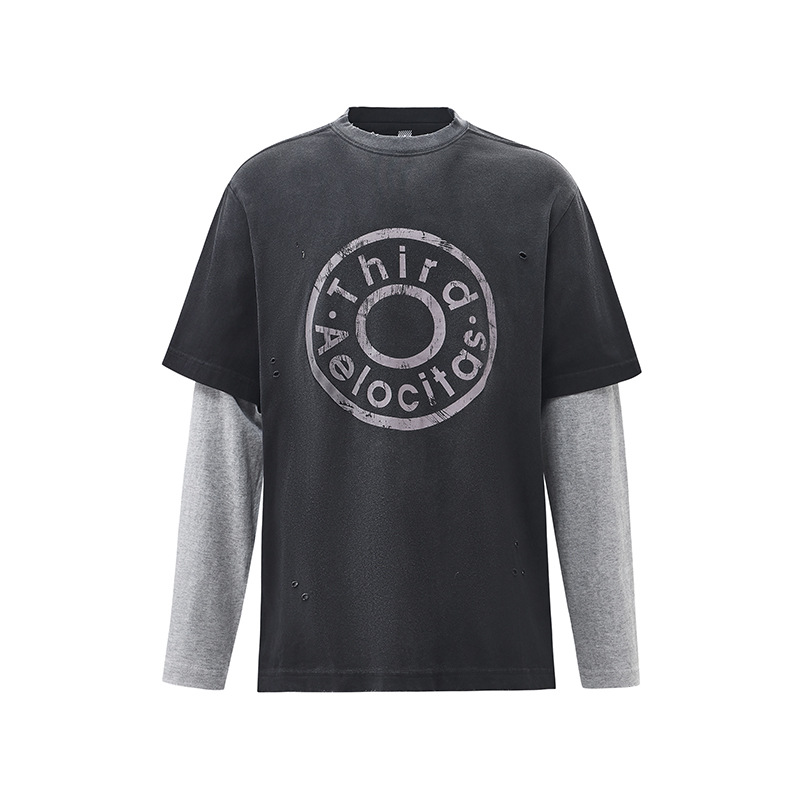 Oversized Vintage Graphic Torn Layered Full Arm T-Shirt
