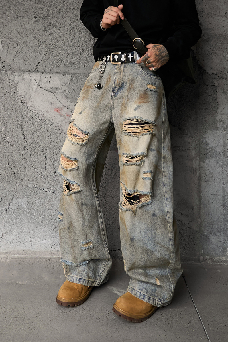 Style Casual Knife-Shape Pants Men Loose Straight Leg Distressed Autumn Fashion Vintage Ripped Jeans