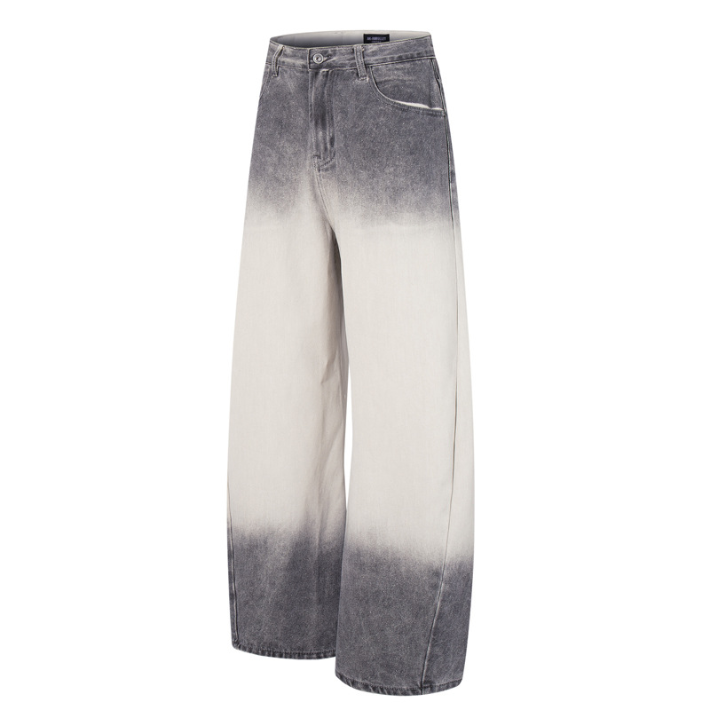 Streetwear Hip-Hop Style Gradient Color Wide-Leg Denim Pants Straight Leg Design Retro Knife-Edge Floor-Length Trousers