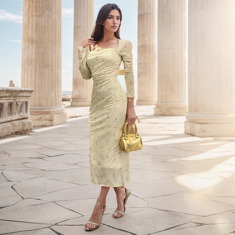 Vintage Square Neck Full-Sleeve Fitted Elastic Polyester Dress
