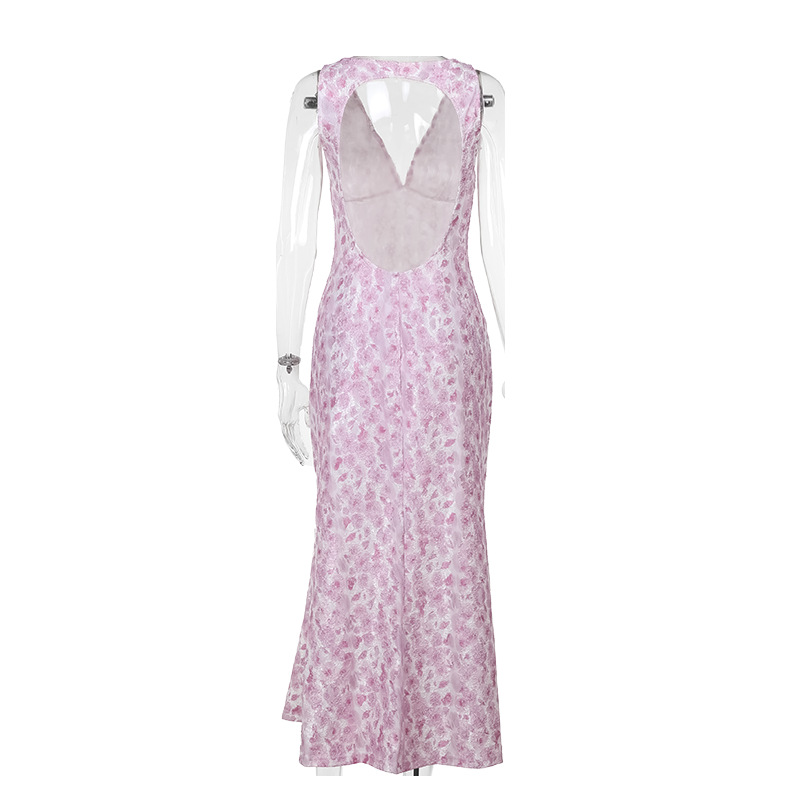 Sleeveless Floral Textured Pointed Neckline Dress