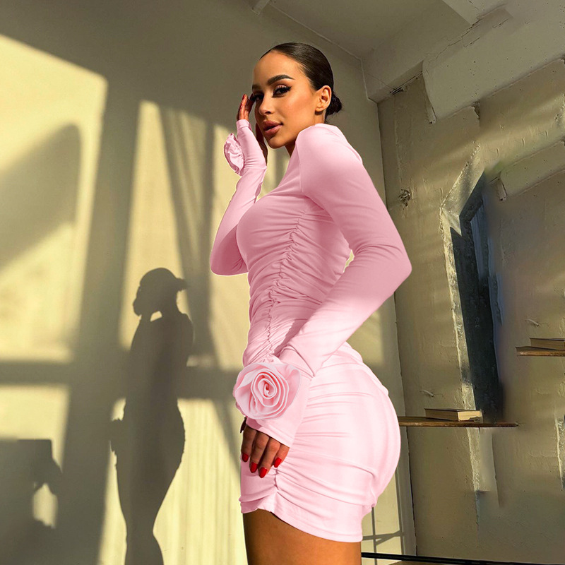 Round Neck Full Sleeve 3D Petal Hip-Hugging Dress