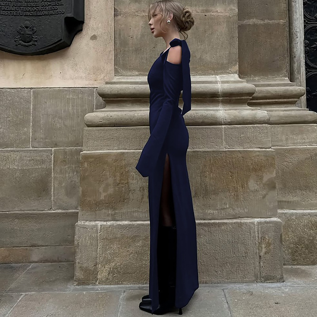 Asymmetric Drape Bodycon Side Split Extended Sleeve Dress