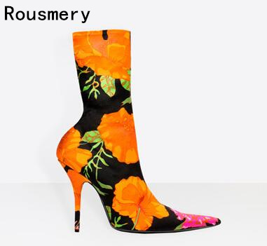 Floral Print Sexy Stiletto Sock Women Booties Stretch Pointed Toe High Heels Ankle Boots Fashion Botas Shoes Women Big Size 44