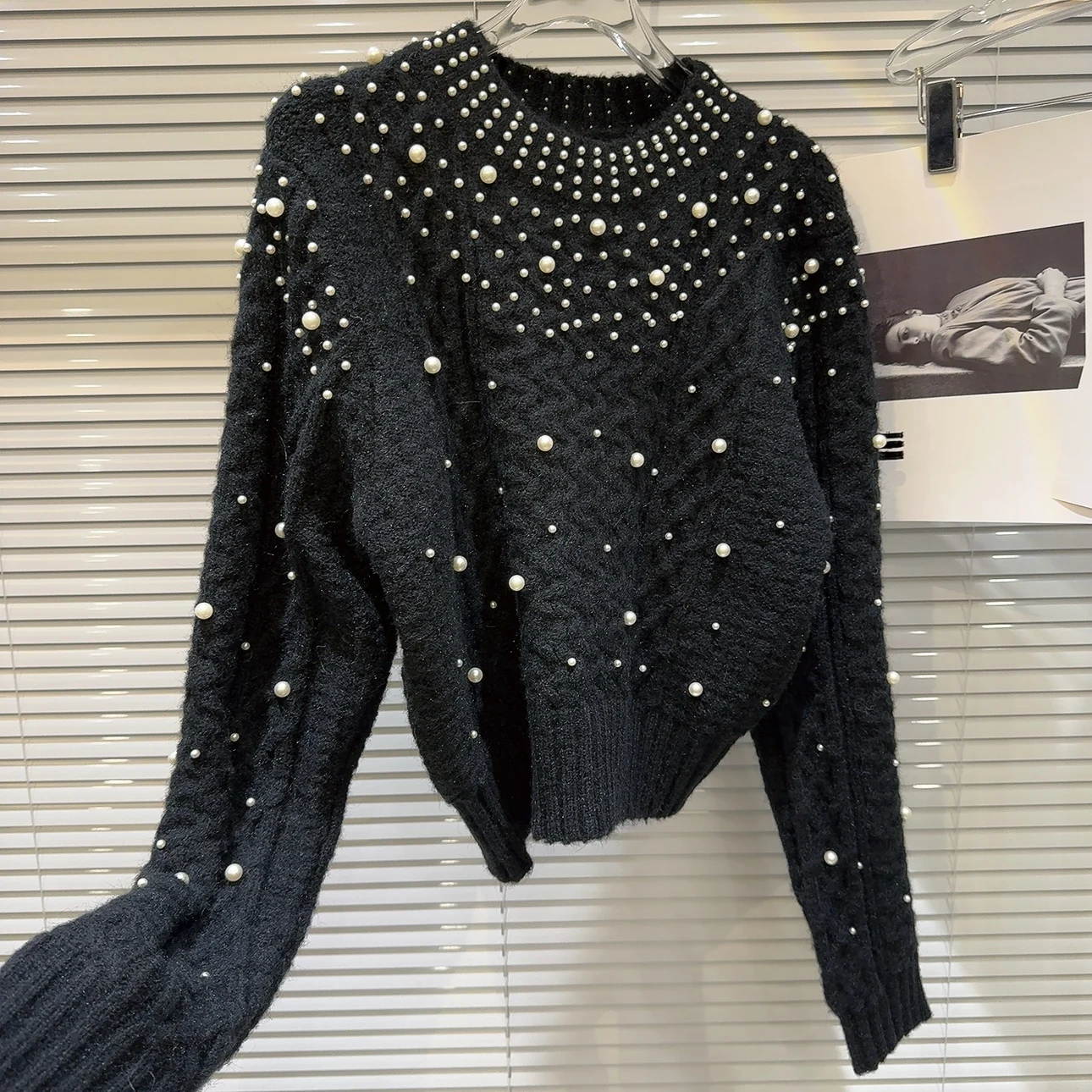 Ladies Beaded Mesh Crew Sweater