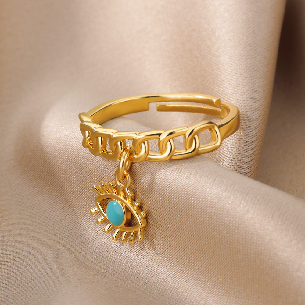 Turkish Zircon Evil Eye Rings For Women Open Adjustbale Gold Plated Stainless Steel Ring Couple Rings Wedding Jewelry Bague